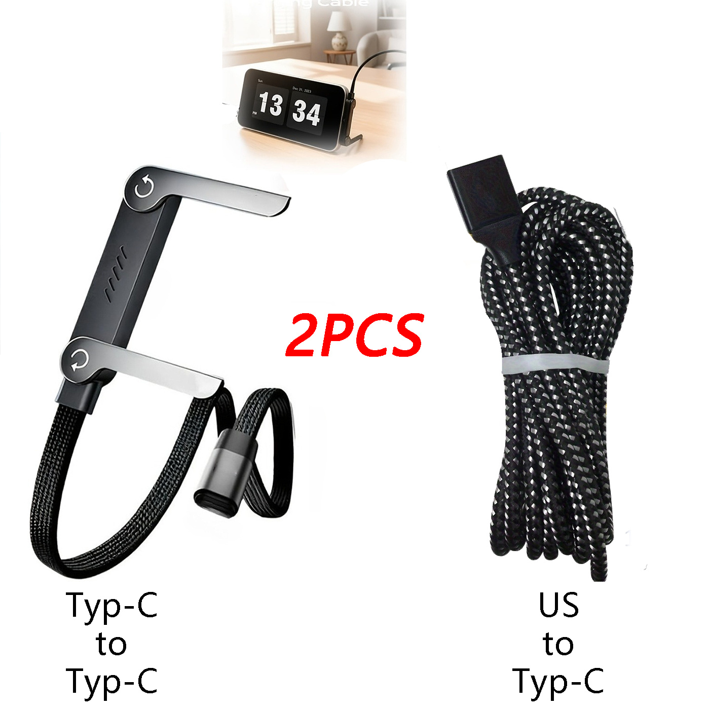 E-shop 2er-Pack gemischt 2-in-1 unsichtbarer Handy-Ständer & Energie-Link | Enthält 1 -ovale & 1 Standard-zu-oval geflochtene Schnur. Praktisches