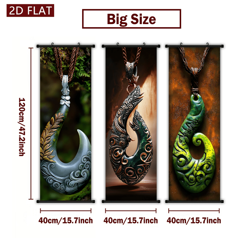 TEMU 2d Flat, 2d Flat, 2d/flat-3pcs Maori Style Fish Hook Pendant Scroll Wall Hanging Scroll Painting High-definition Printed Modern Home Decor For