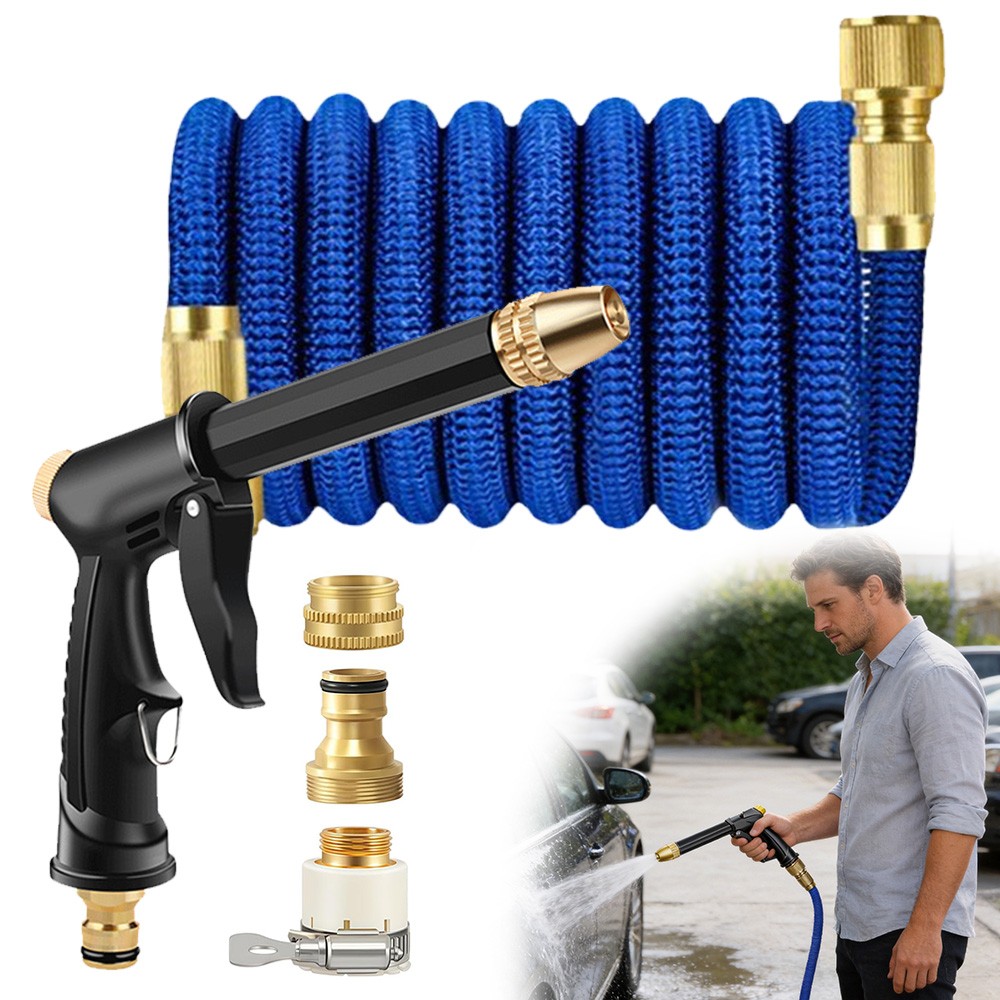 Image of 15-meter Flexible, Expandable Water Hose With Spray Gun And Foam Attachment, Suitable For Garden Watering, Car Washing, And Patio Maintenance