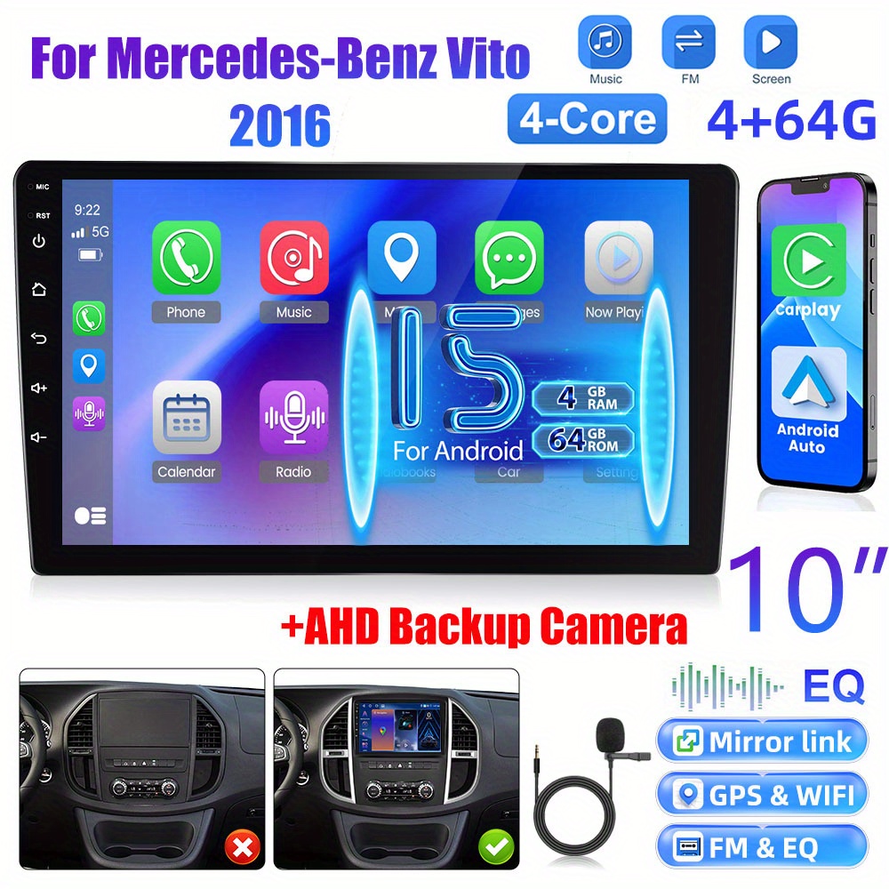 [4+64g] 10 Inch 15 Radio Double Din Car Stereo For Mercedes-benz 2016 With Auto, 1080p Touch Screen Radio Wifi/ / Fm/ Swc/ / Backup Camera/ Mic/ 32 Eq, Without Battery