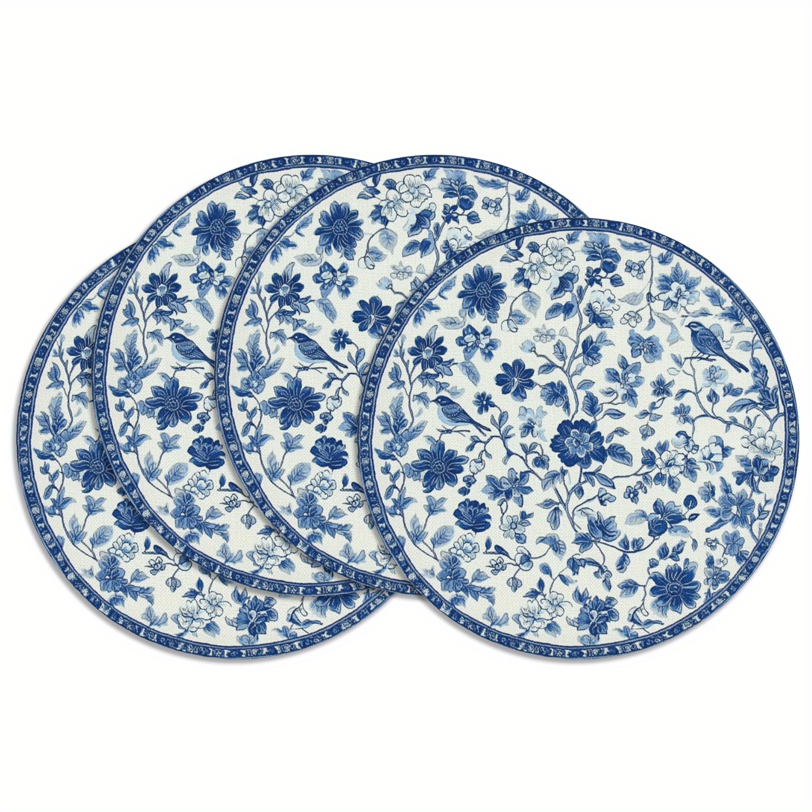 

4pcs Blue And White Porcelain Floral And Bird Placemats, Linen Round Table Mats, Non-woven Hand Washable Heat-resistant, For Dining, Farmhouse Kitchen Table Decor, Ideal Gift