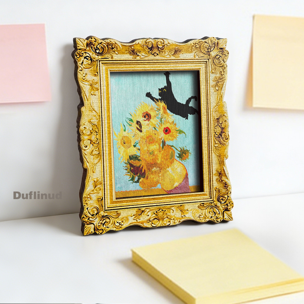 TEMU Duflinud Van Sunflowers & Jumping Black Cat Magnet - Wood Fridge Magnets Suitable Decor, Vintage Dutch Decoration With Iconic Van , Artificial