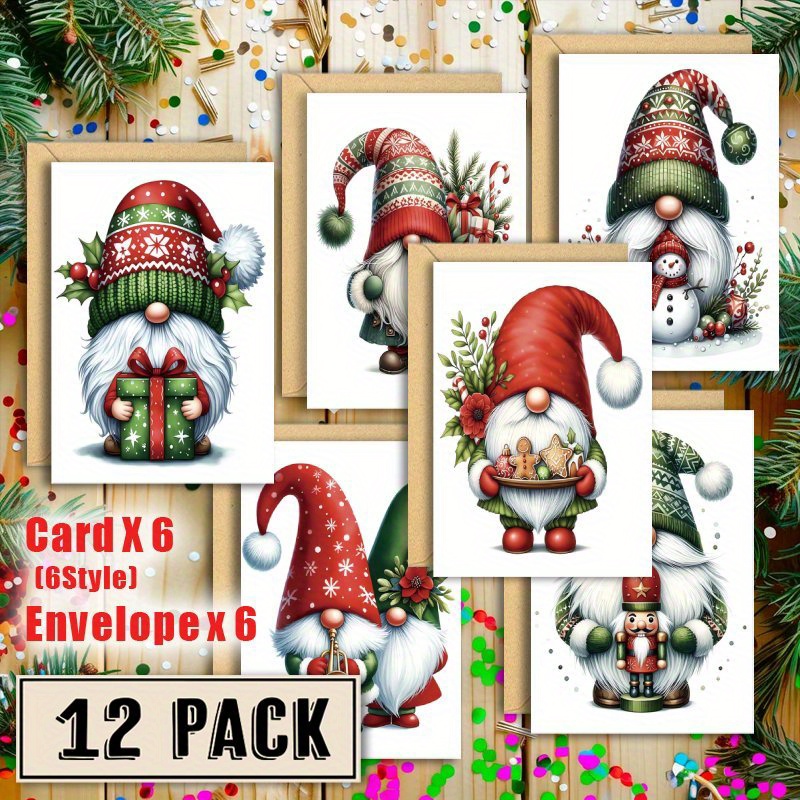 TEMU A Set Of 6 Humorous Gnome Watercolor Illustration Christmas Cards With Envelopes, Suitable For Bulk Greetings And New Year's Wishes, For Family,