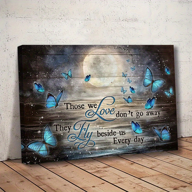 TEMU 2d Flat, 1pc Framed Memorial Wall Art With " " Quote - Rustic Wooden Background, Blue Butterflies & Moon Design, Wrap-around Canvas Frame,