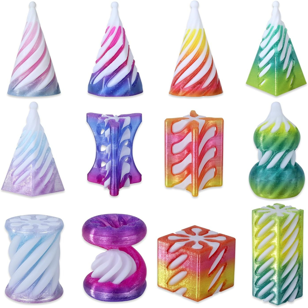 TEMU 12pcs 3d Printed Spiral Cone Suitable For & - Non-assemblable Fidget Shapes With 4 Crystal Gradient Colors, Pyramids, Cubes, Twisted Cylinders