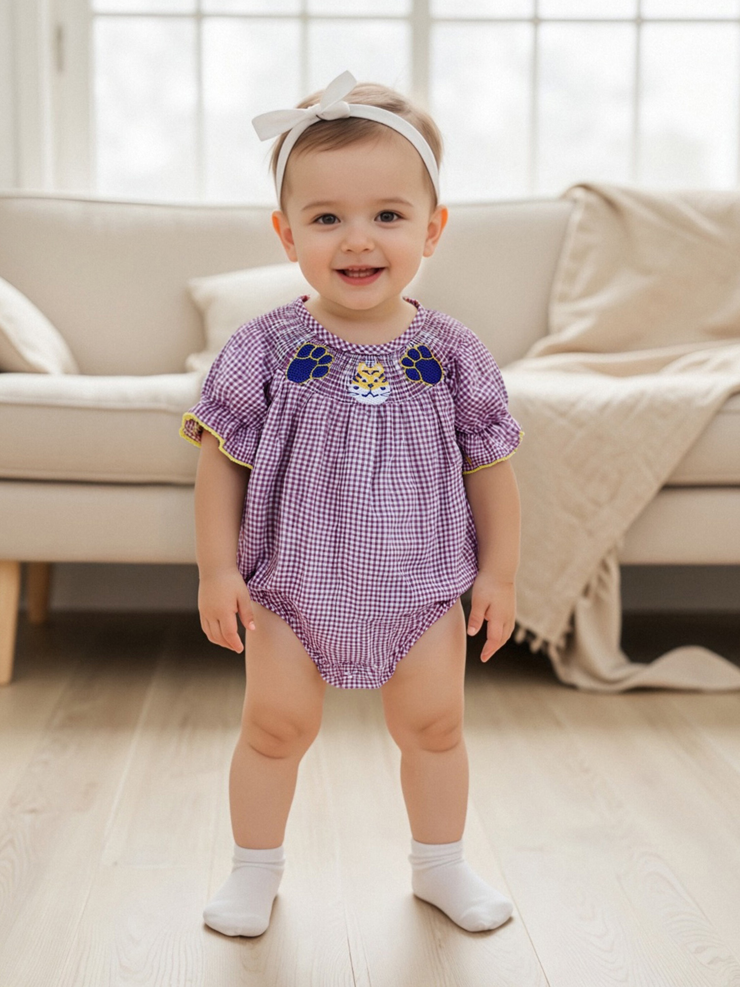 baby girl football romper outfit purple yellow puff Temu
