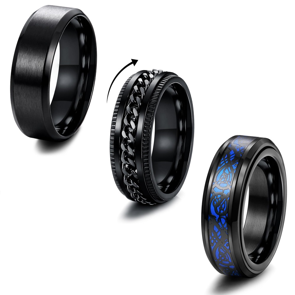 Image of 3pcs Black Fidget Rings For Men, 316l Stainless Steel Spinner Ring, Cool Rotatable Celtic Dragon Band Ring, Anxiety Relief Ring, Wedding & Engagement Rings, 8mm Wide