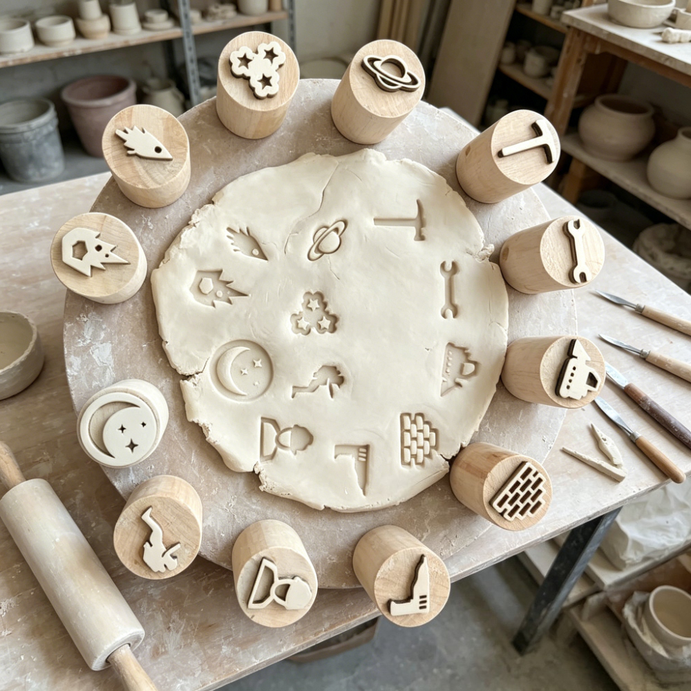 Set of Engineering Tool and Space-themed Wooden Stamps