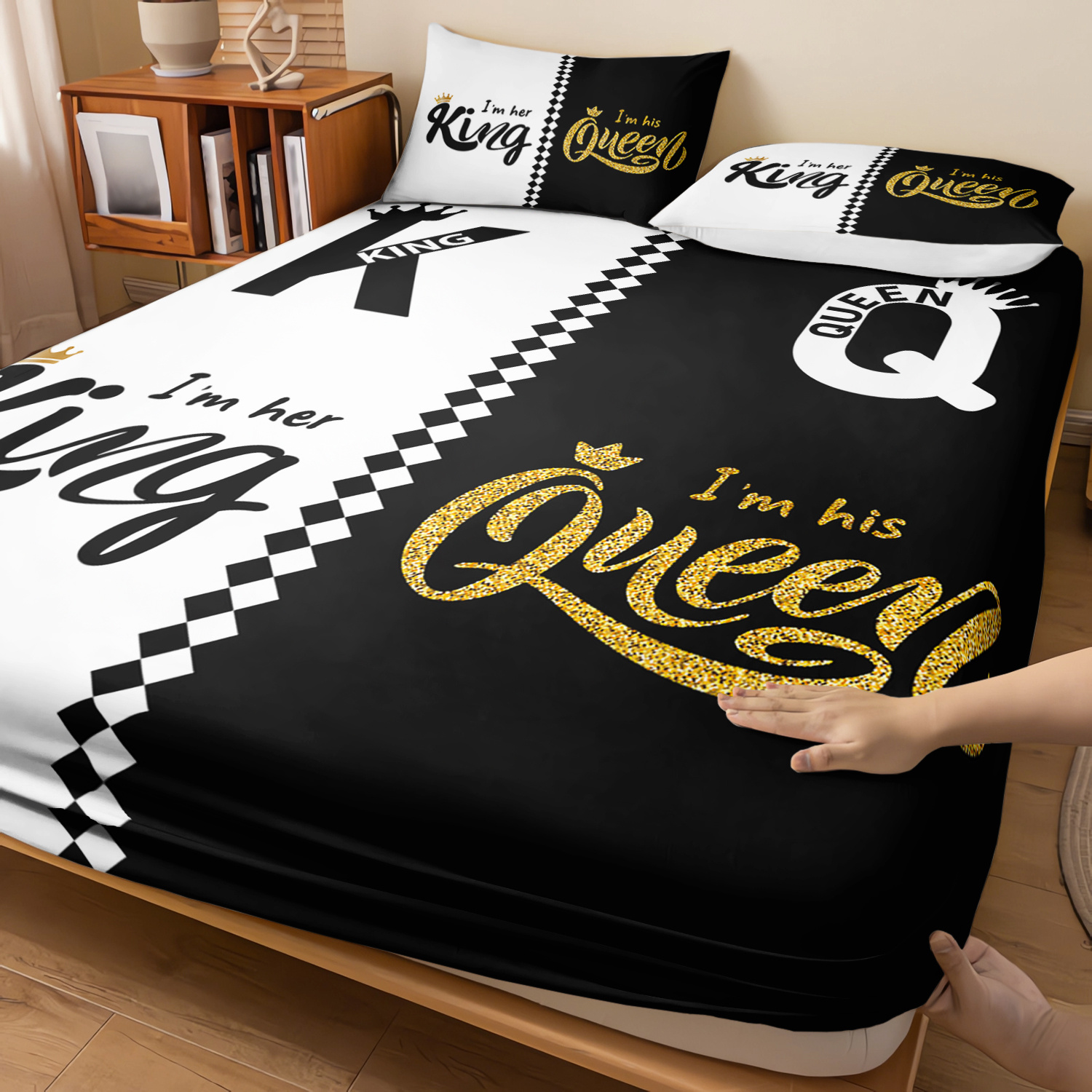 3pcs king queen fitted sheets black white printed bed sheet set for bedroom   and guest decoration couple pattern bedding set1 fitted sheet 2 pillowcases without core Product details 1