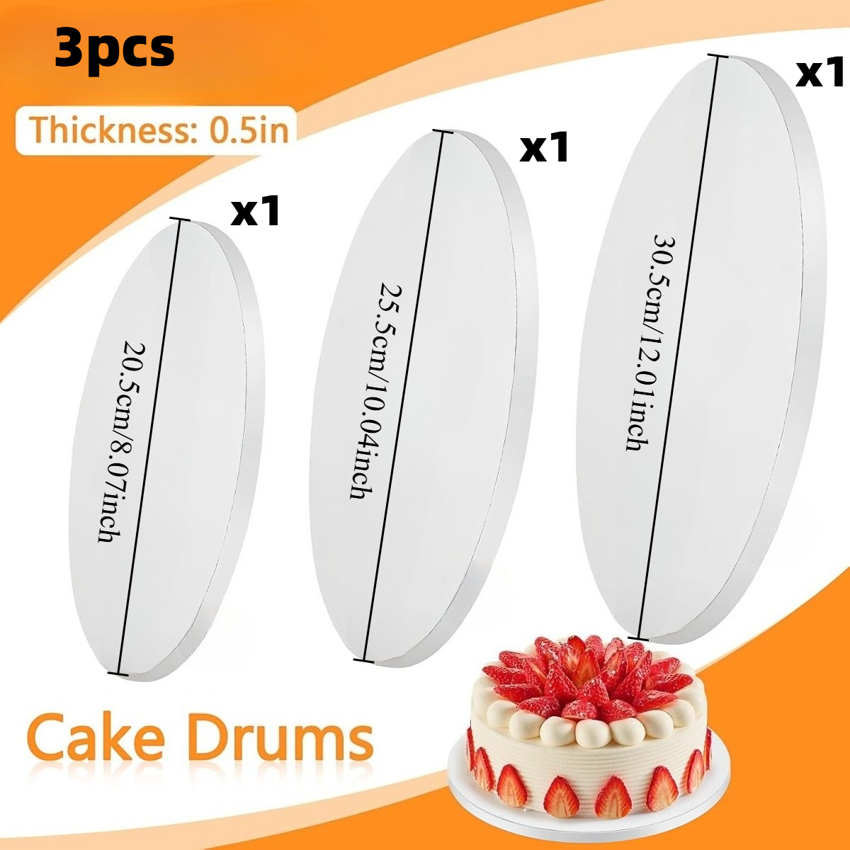 E-shop 3er-Set 12-mm-dicke weiße Kuchenplatten, runde Kuchenplatten-Set, 8/10/12-Zoll-Kuchenbodenplatten in Großpackung für Kuchendekoration,
