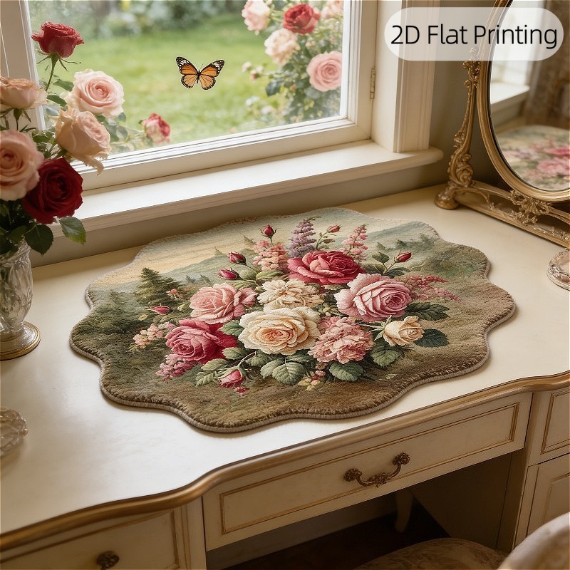 TEMU 1 pz Tappeto 2D Piatto Retro Stile Pittura a Olio Rosa Irregolare, Tappeto Decorativo per la Casa, Decorazione Camera da Letto, Tappeto Piccolo,