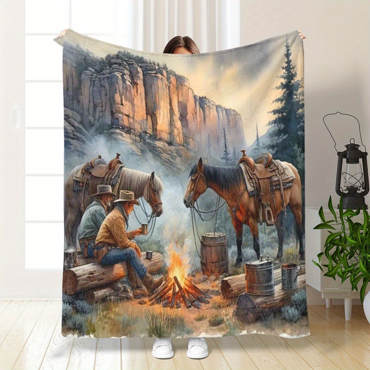 TEMU 1pc Couverture de Camping en Flanelle Ultra-Douce - Motif Cowboy Imprimé HD, Jeté Confortable Toutes pour Maison, Bureau et Voyage, Style