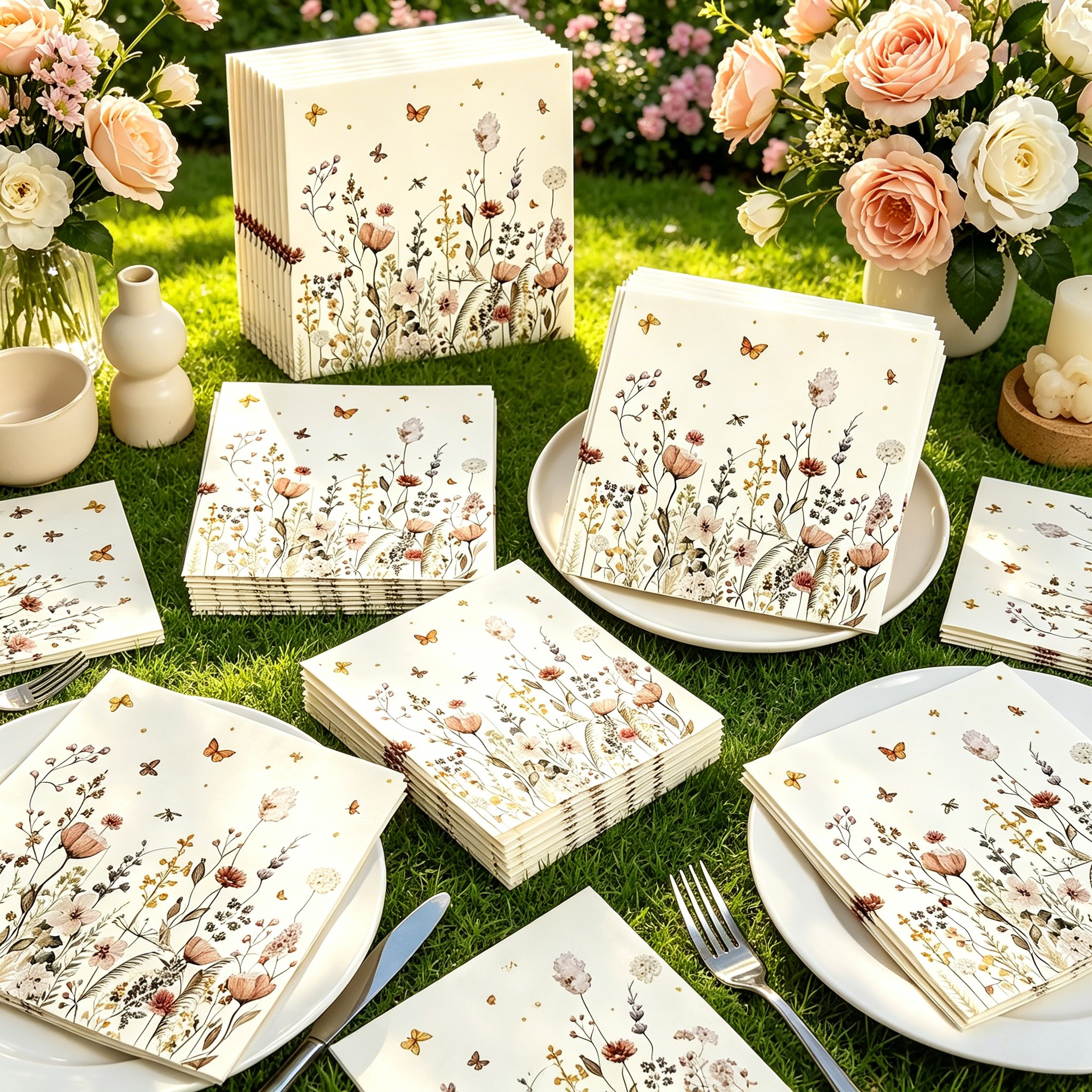 60-pcs/40-pcs/20-pcs/10-pcs Paper Napkins — Double-layer Watercolor Botanical Floral Disposable Table Napkins, Suitable For Weddings, Bridal Showers, Parties, And Table Decorations