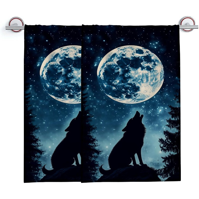 

2-pack Wolf Moon Themed Bath Towels, 18x26 Inch, Soft Absorbent Polyester, Bathroom Decor, Machine Washable, Cartoon Style, Reusable Home Decor Gift