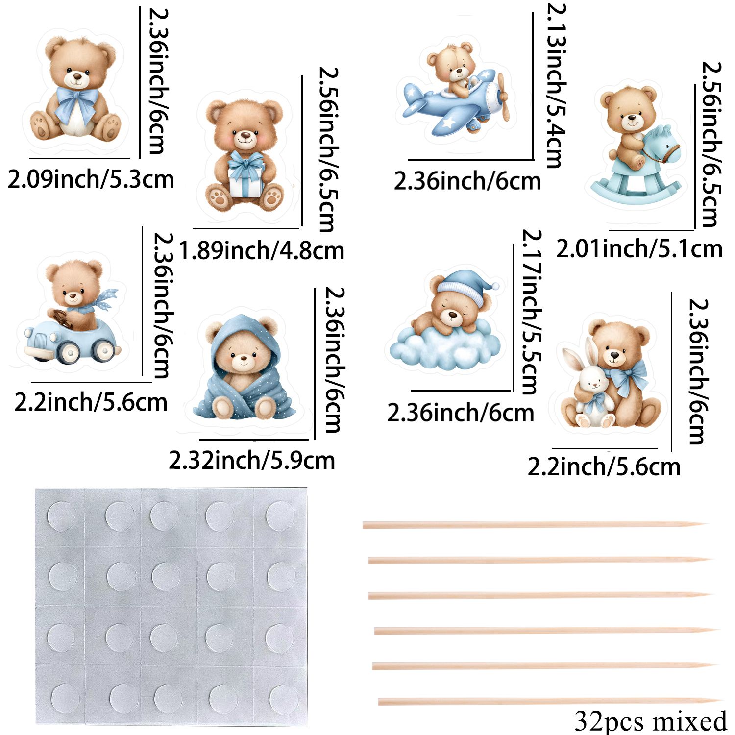 Image of 32pcs/set Cartoon Blue For Bear Topper | Multi Type For Bear Cupcake Toppers For Bear Themed Celebrating Birthday Party Cupcake Decoration Supplies, Halloween, Christmas