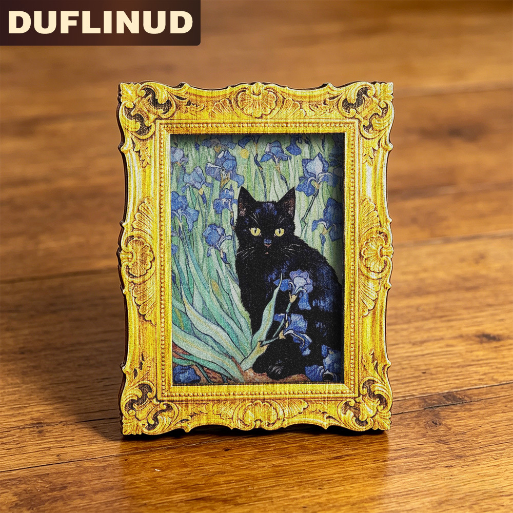 TEMU Artistic Black Cat Fridge Magnet, Mini, Micro, Van -style Flower And Black Cat Design, Vintage Print, Wooden Refrigerator Magnet, Fridge Door