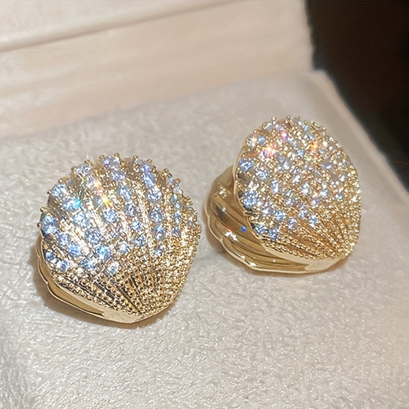 TEMU Pendientes de aro de concha creativa con incrustaciones de circonita sintética de lujo para fiestas y accesorios de moda diarios