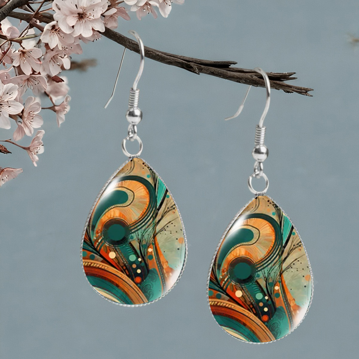 TEMU A Pair Of Abstract Printed Earrings In Orange And Turquoise, Suitable For Everyday Wear, Vacations, And Parties, Durable Jewelry Additions,