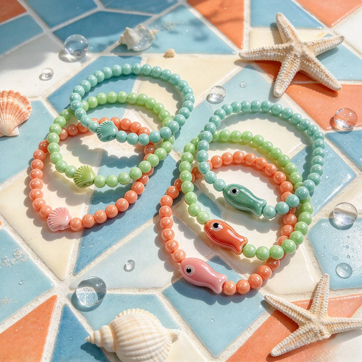 6pc Ocean-Themed Ceramic Fish & Seashell Beaded Bracelet Set