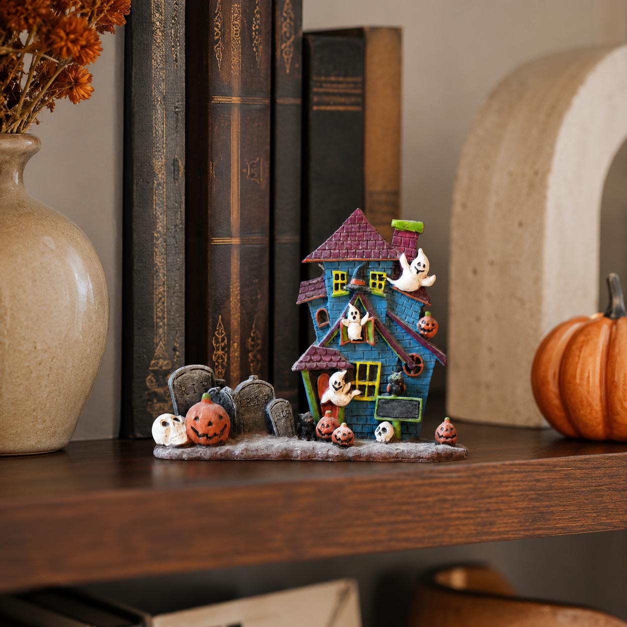 TEMU 1pc Halloween Haunted House Resin Ornament, Hand-painted Blue House Style, Featuring Cute Ghosts, Jack-o'-lanterns, Black Cats, And Tombstone