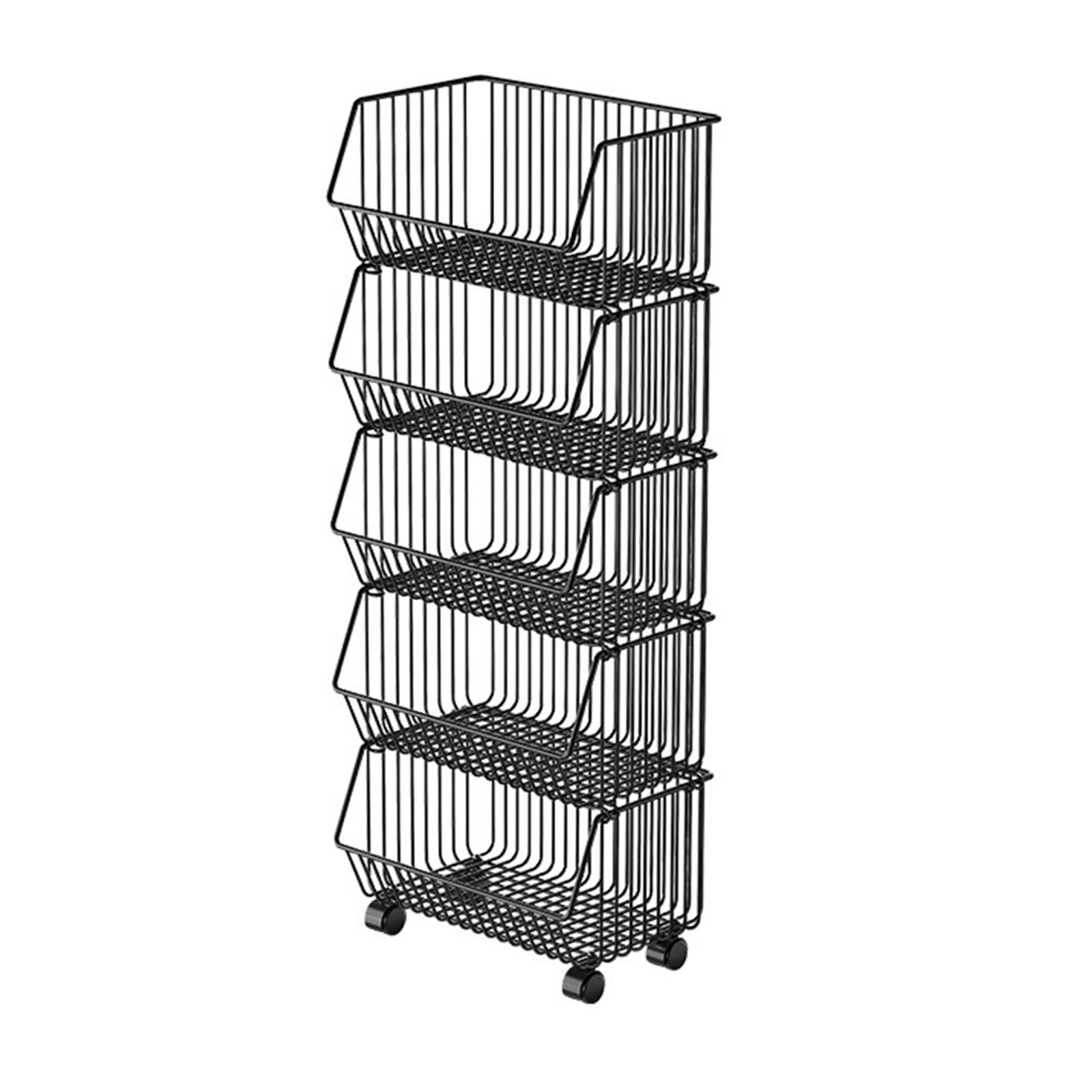 TEMU Upgraded Version, 5 Tier Fruit Vegetable Baskets Stackable Metal Wire Storage Baskets With Wheels Rolling Cart For Kitchen Pantry Storage And