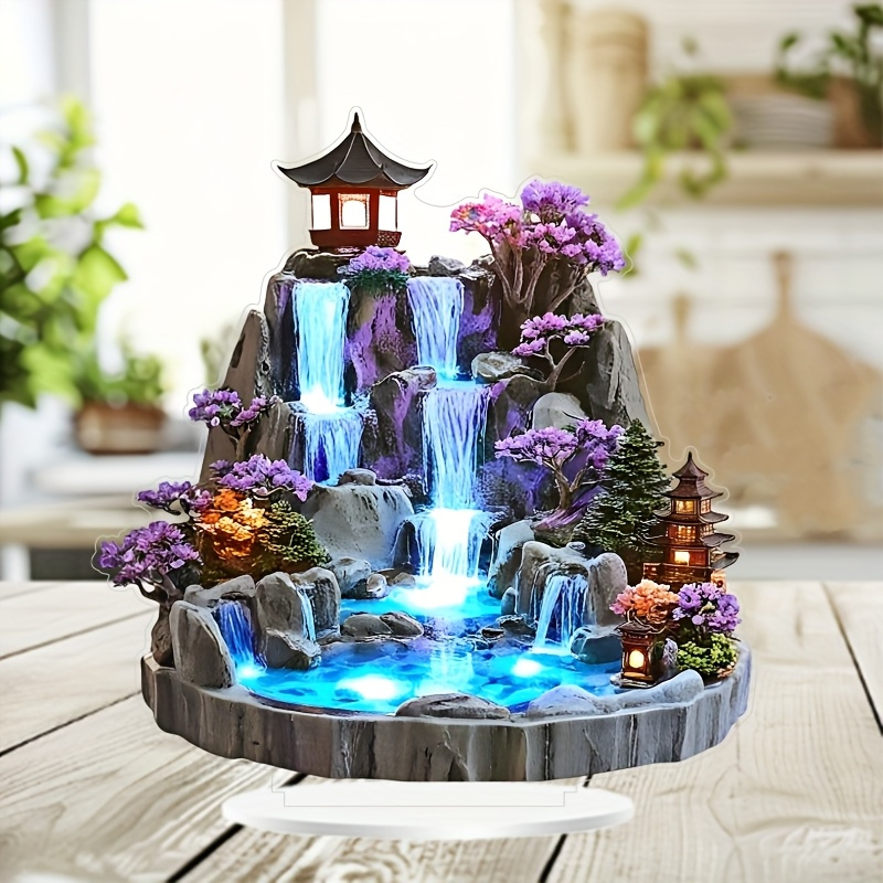 

1-pack Style Acrylic Japanese Scene, 7.48"x7.87" Tabletop Decor With Illuminated , Towers & Potted Trees, Multi-functional Decoration With Display Base