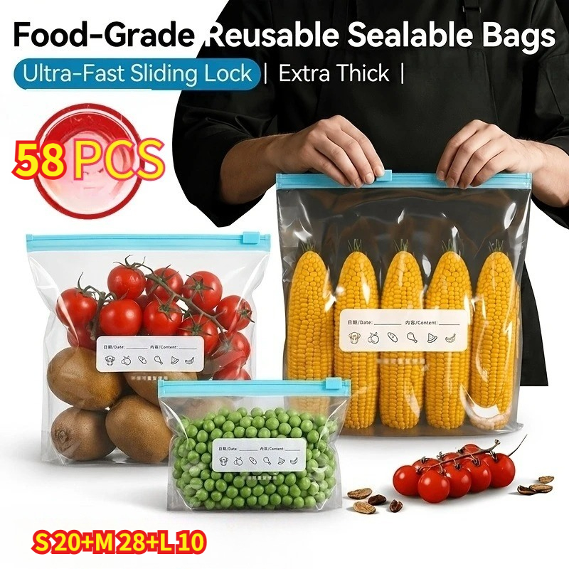 Image of 58pcs (s20+m28+l10) Reusable Zipper Storage Bags, Airtight Freezer Bags 3 Sizes, For Meat, Fruits, Vegetables, Grains, Kitchen Organizer