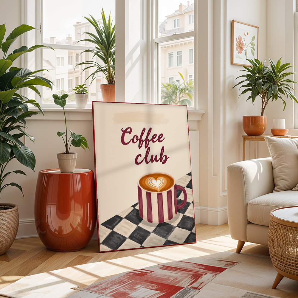 TEMU Tableaux Muraux 2D Plats, Style Aquarelle, Affiches Tasse à Café avec Cœur, sur Toile Latte Art, Décoration Murale Thème Café, Impression d'Art