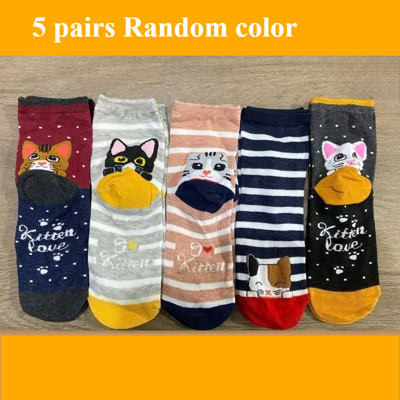 Image of 5 Pairs (random Color) Of Women's Cute Cartoon Cat And Dog Socks. Christmas Socks. Socks. Adorable, Breathable, Comfortable, Fashionable, Versatile And Stretchy. A Gift For Women