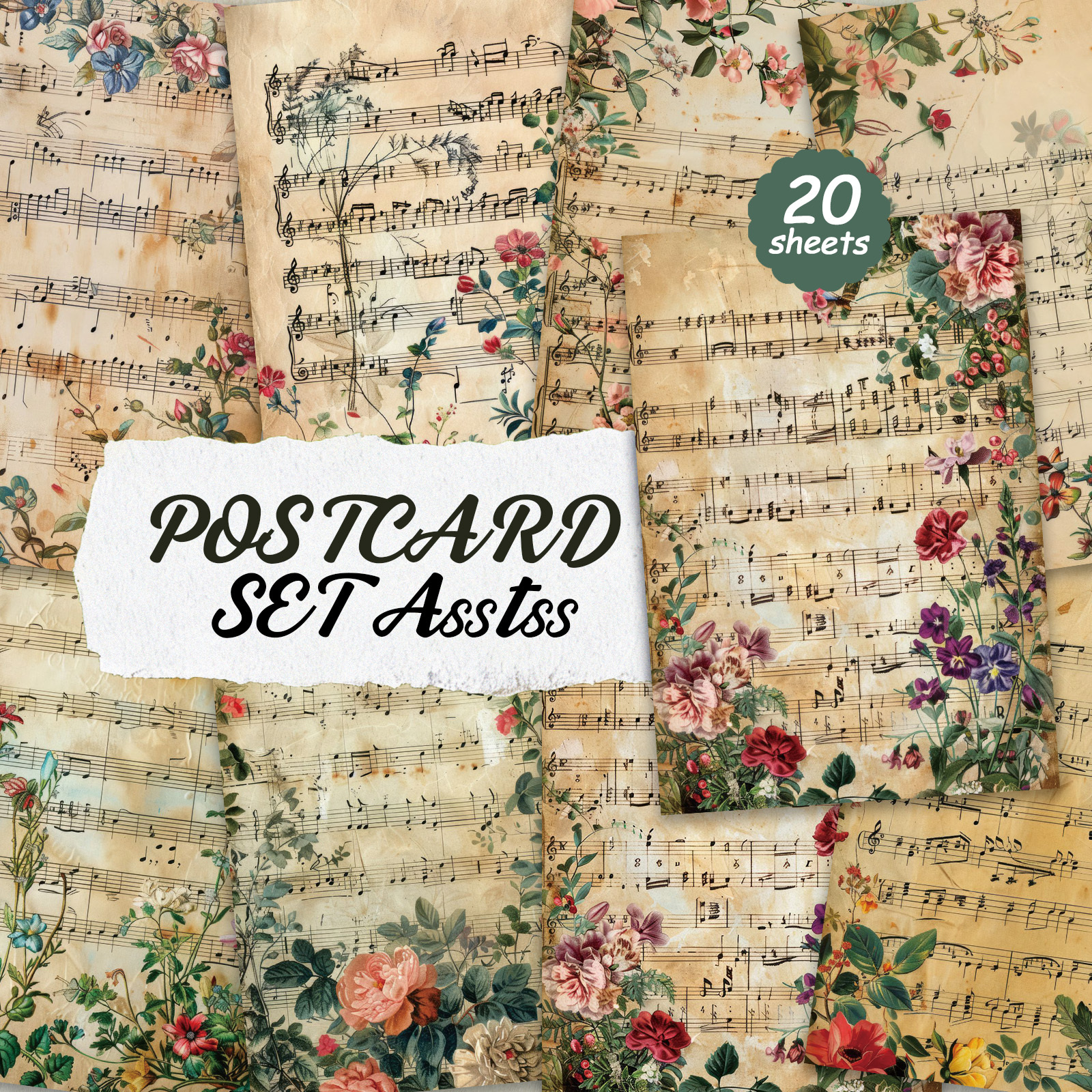 TEMU 20-pack Asstss Vintage Flowers And Sheet Music Postcards - 4x6 Inches Retro Junk Journal Supplies, Classic Pinup Illustrations Collectible