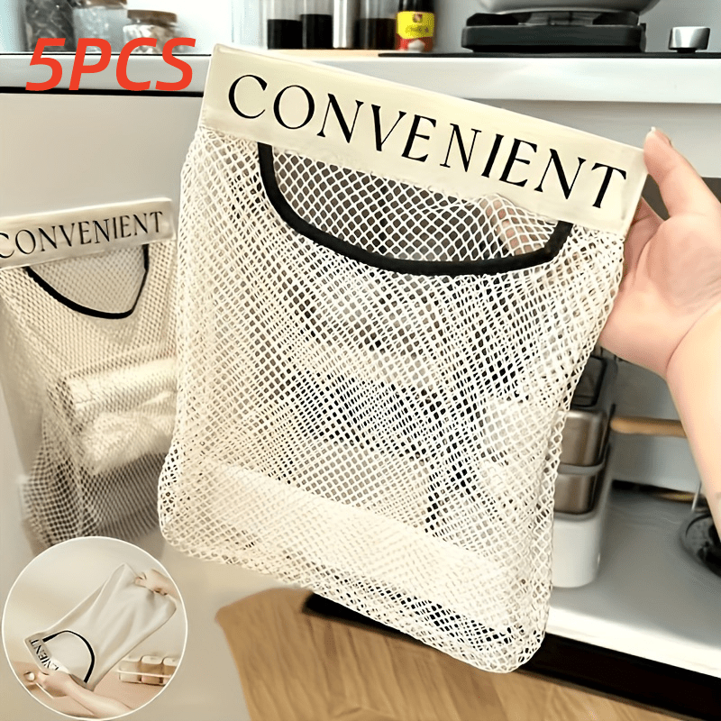 5pcs Large Capacity Mesh Storage Bag, Wall-mounted Hanging Organizer, Reusable Household Door Back Organizing Net Pouch, Breathable Easy Design For Kitchen Tool Organization