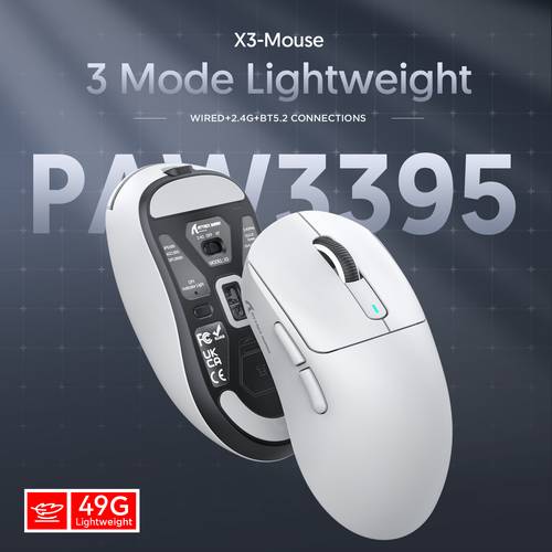 item picture x3 wireless gaming mouse 49g bluetooth 2 4g usb c wired paw3395 optical sensor 26000 dpi programmable buttons for pc laptop