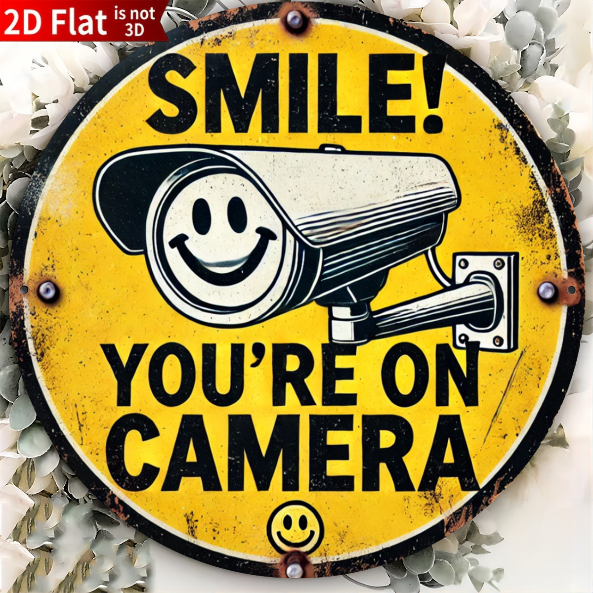 TEMU 2d Flat, 1pc Vintage "smile! Camera" Round 2d Printed Security Camera Warning, Rustic Surveillance Themed Decoration, Suitable For Home, Garden,