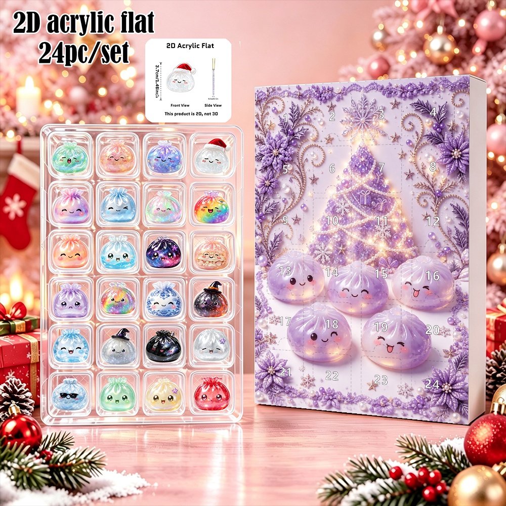 TEMU 2D Flat, 2D Flat, [2D Flat] Set da 24 pezzi Kawaii Albero di Natale Viola Calendario dell'Avvento di 24 , Set di Ornamenti in Acrilico 2D con