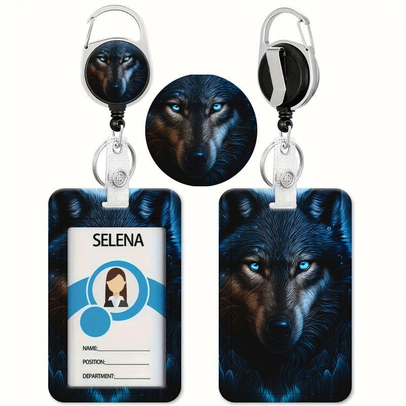 TEMU Cool Wolf Black And Blue Wolf Eye Print Pattern Print Card Holder Retractable Buckle Badge Lanyard - Id, Credit Card Holder, Heavy-duty Badge