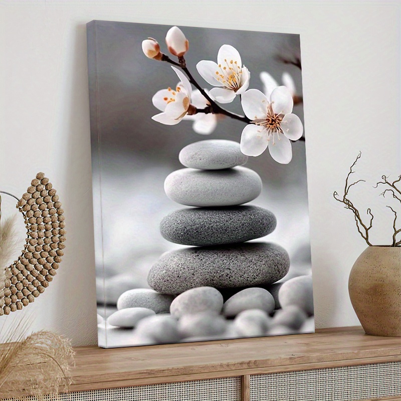 TEMU 1pc Stack & Canvas Painting - Minimalist Japanese Wall Art With Stacked Stones, Gray Neutral Tones - Wrapped Canvas Framed Decor Ready-to-hang -