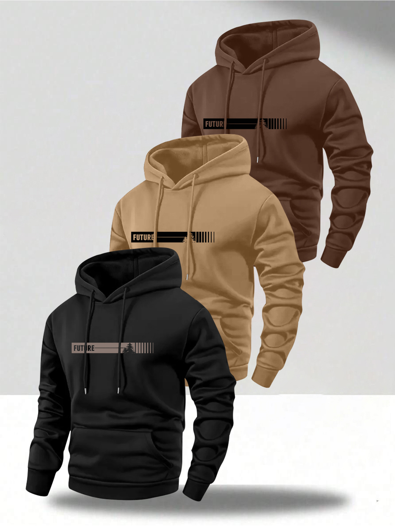 Men's 3pcs Hooded Sweatshirt Set, Long Sleeve Pullover with Kangaroo Pocket and Drawstring Hood, Graphic Print Streetwear for Gym, Jogging, Outdoor Activities, Machine Washable Casual Autumn/Winter Sportswear, Ideal for Daily Wear and Outdoor Use