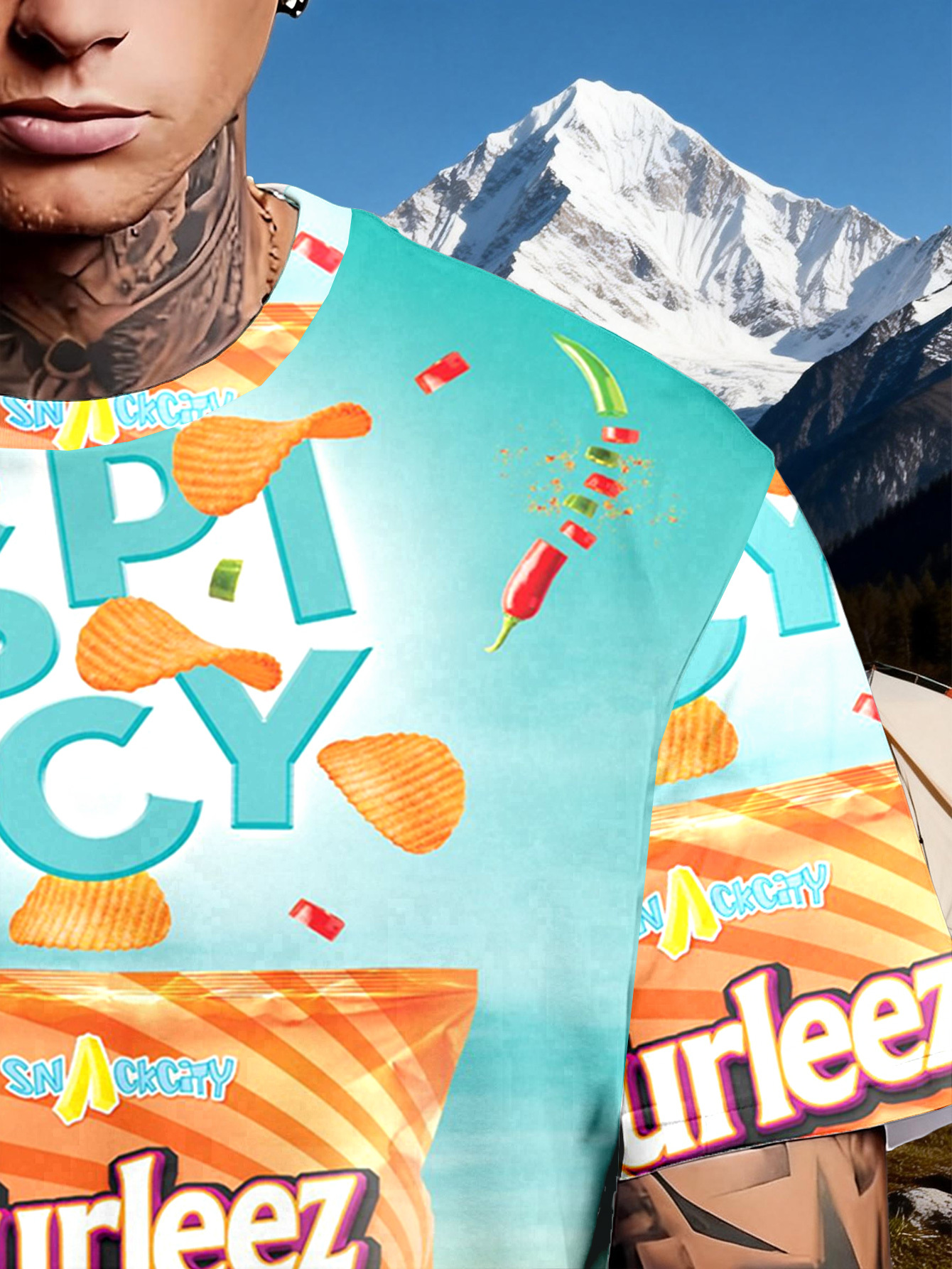 1pc Striped Masala Spicy Potato Chips Print Breathable Soft Round Neck Short Sleeve T-Shirt Suitable for Daily And Outdoor Activities - a Versatile Casual Style for All Seasons, a Must-Have for Fishing Enthusiasts