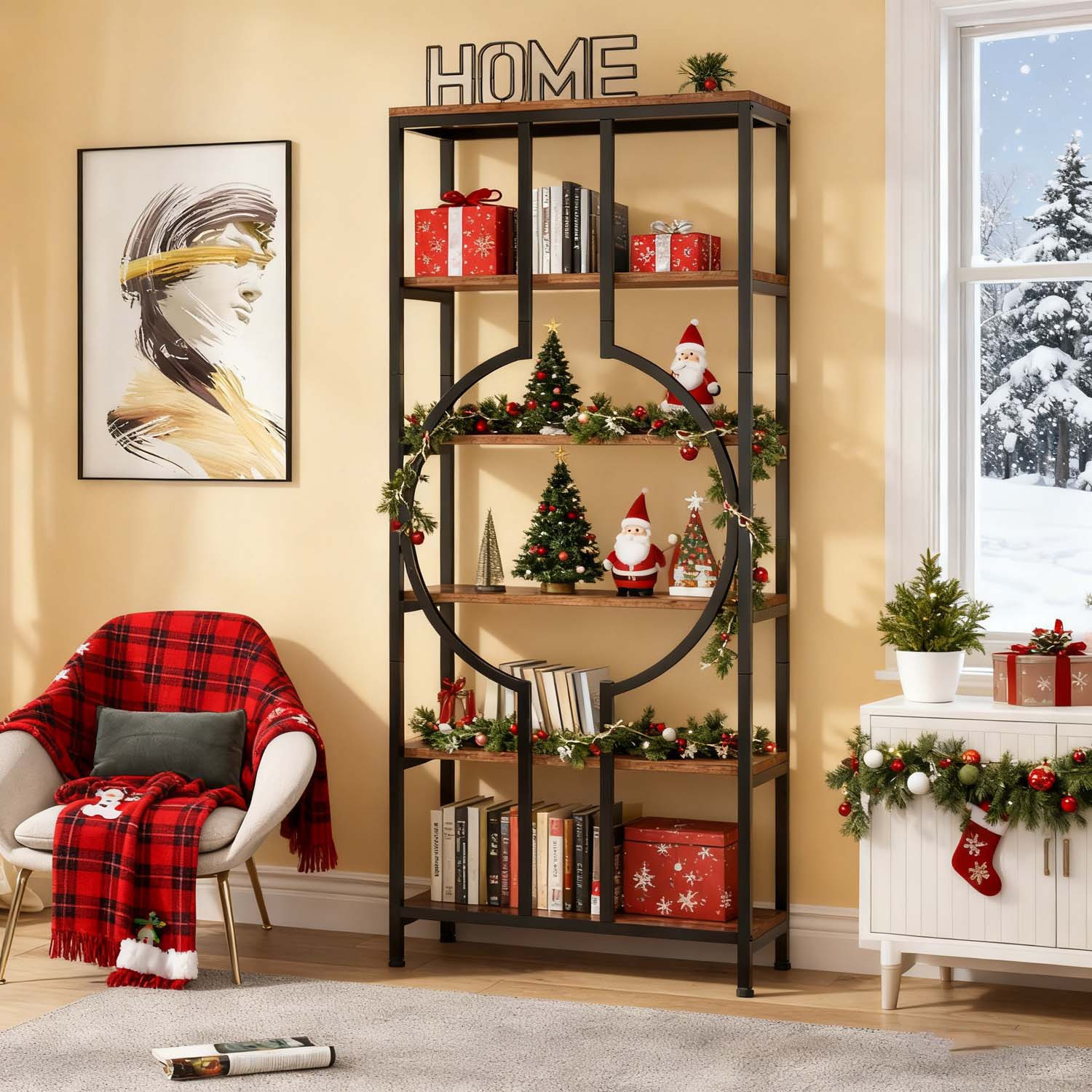 Image of -tier Tall Bookshelf - Industrial Wood And Metal Open Shelving Unit, Large Bookcase Storage Rack For Living Room And Home Office, Great Christmas Gift