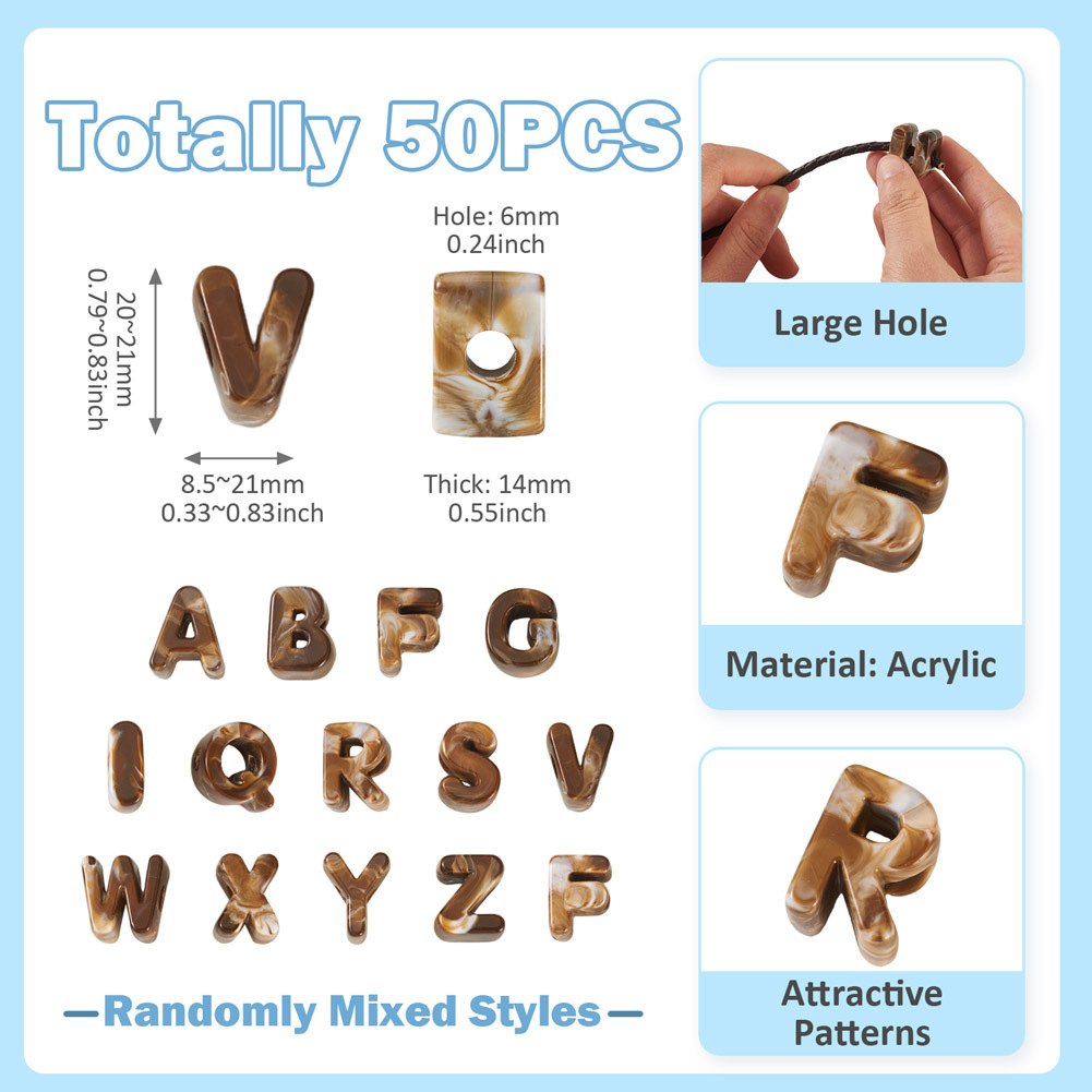 TEMU 50pcs Acrylic European-style Beads, Large-hole Beads, Mixed Letter Designs, Size 20~21x8.5~21x14mm, Suitable For Jewelry Making (earrings,