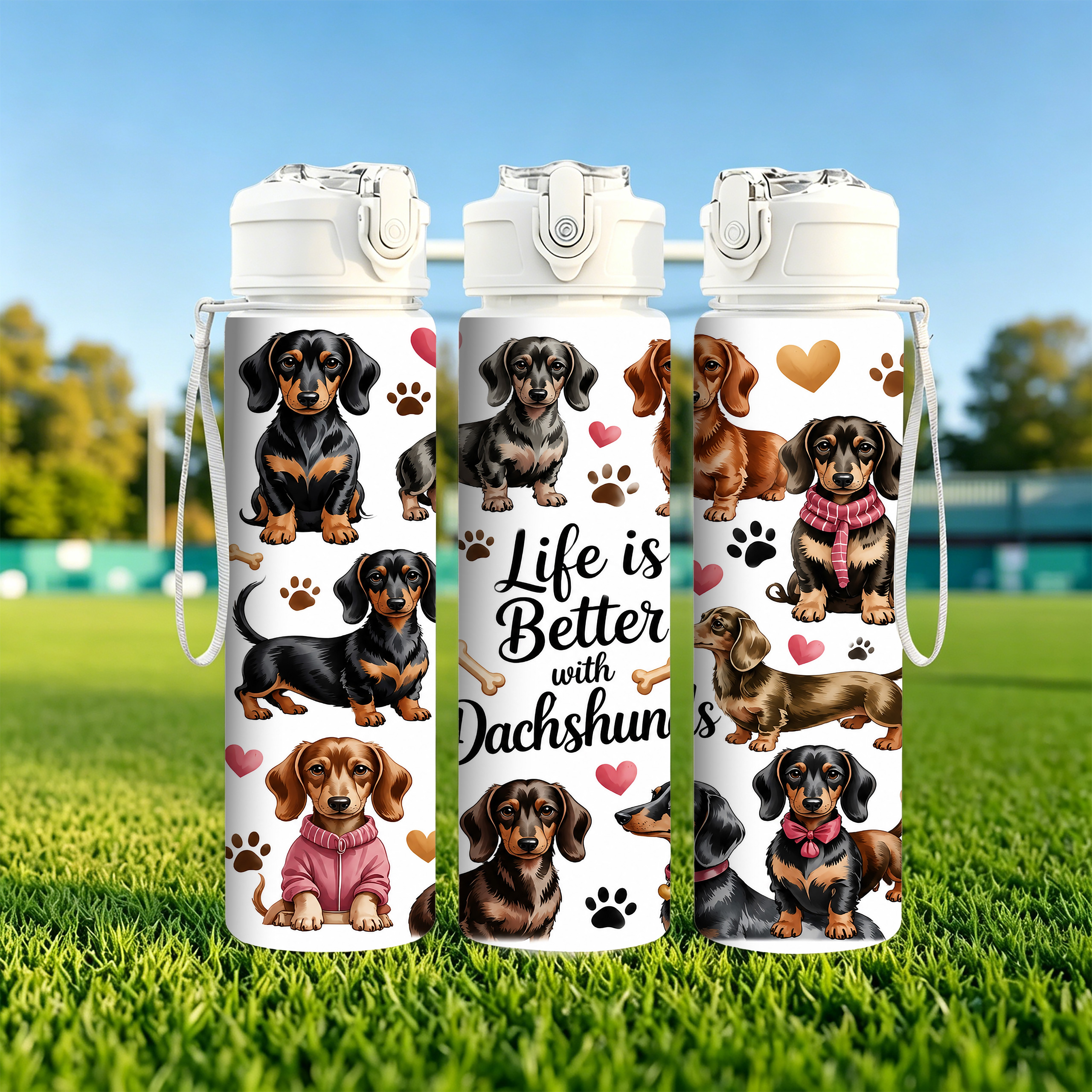 TEMU 1pc Multi-dachshund Heart Pattern Layout Better With Dachshunds Print Design, 750ml/26oz Plastic Sports Water Bottle, Cute Printed Design,