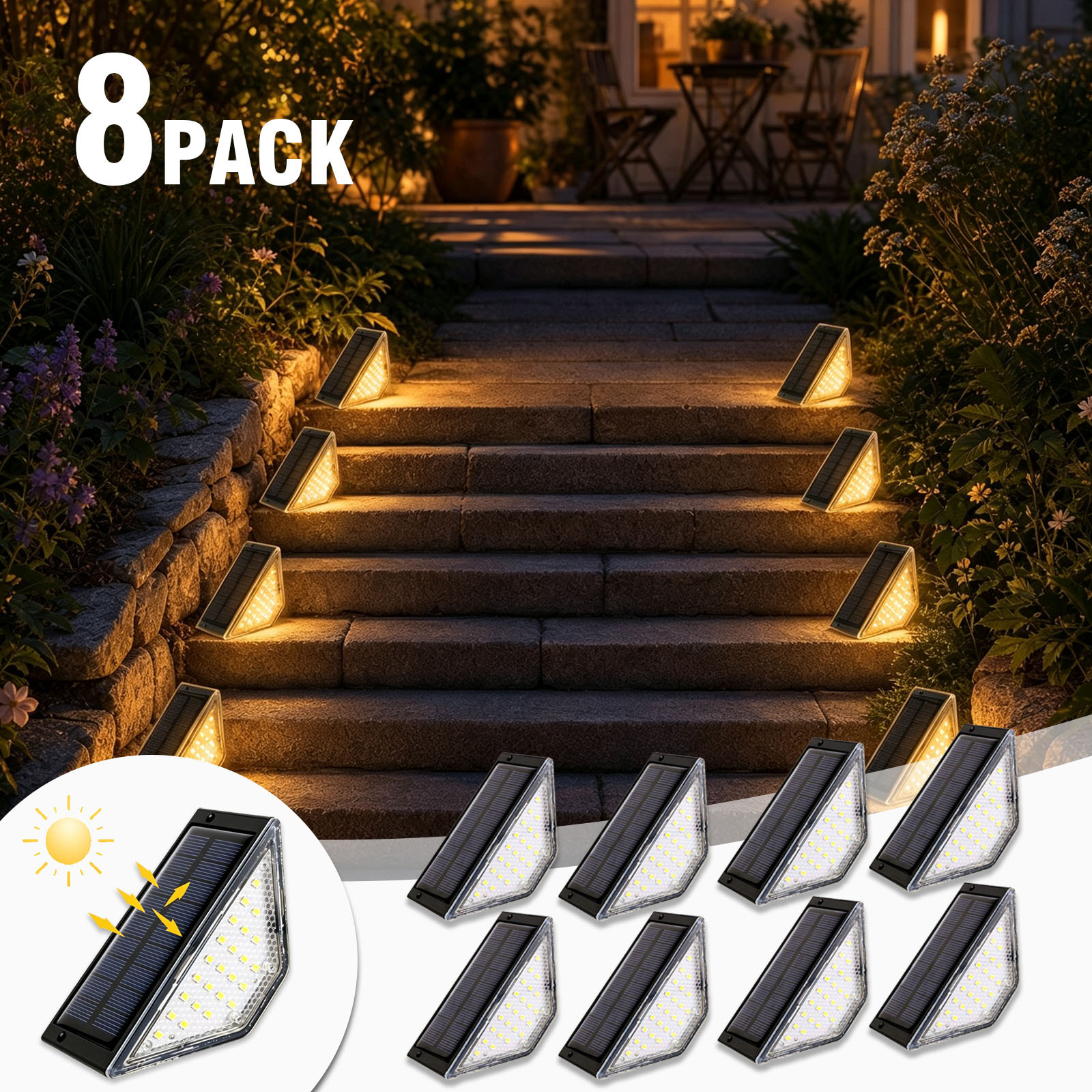 TEMU 8 Pack Solar Christmas Step Lights Outdoor, Warm White Led Stair Deck Lights For Patio , Ip65 Solar Powered Pathway Lights For Driveway Yard