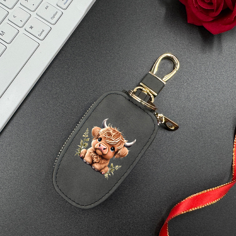 TEMU Highland Cow Sunflower Cow Print Faux Leather Key Case, Unisex Key Bag, Universal Portable Large Capacity Multifunctional Car Key Chain, Compact