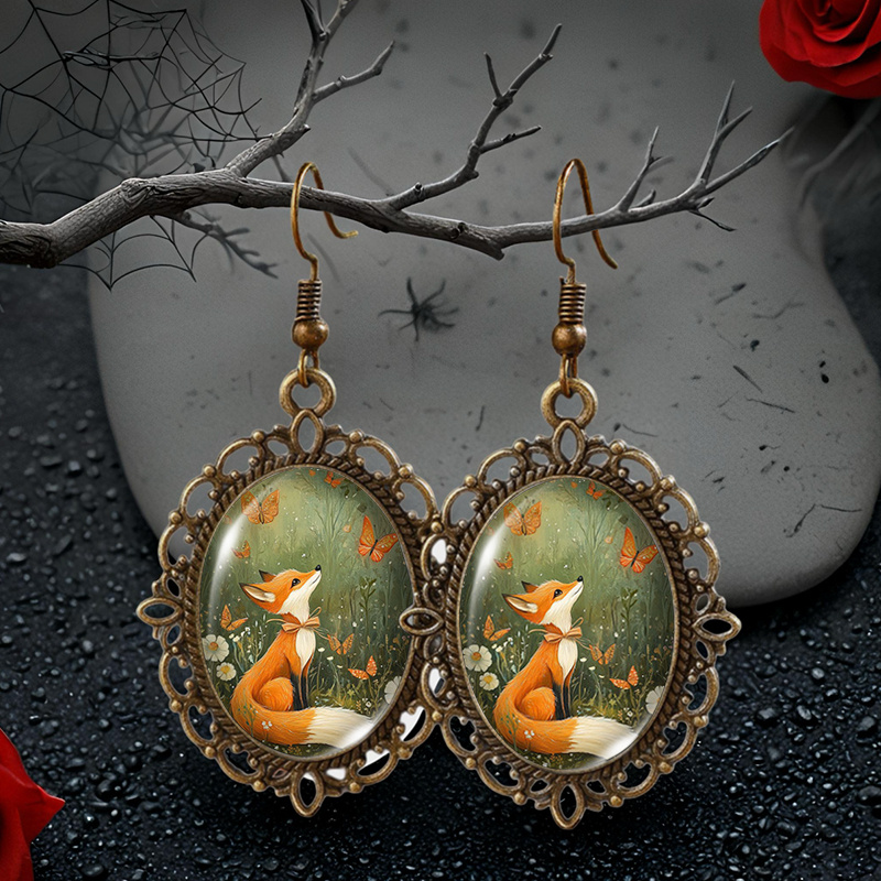 Image of Fox And Butterflies Pattern Oval Glass Cabochon Retro Flower Shaped Dangle Earrings Fashion Handmade Jewelry Accessories Gifts
