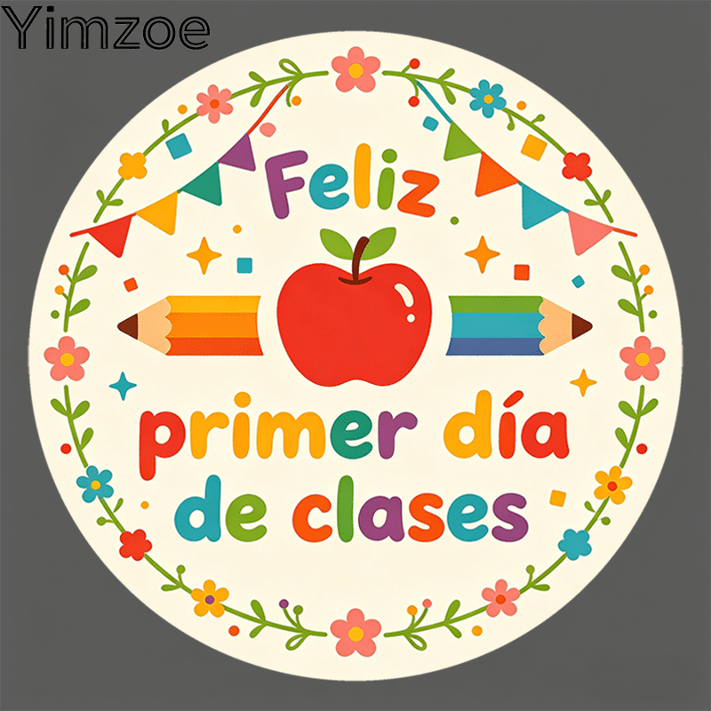TEMU Pegatinas redondas Yimzoe del primer día de clases - con texto " Primer Día De Clases", diseño colorido y lápiz, perfectas para decoración de