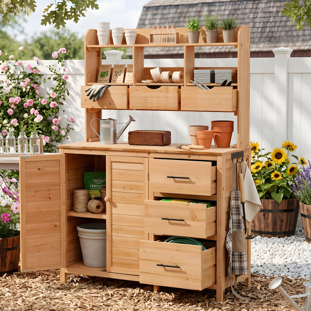 with assembly video   farmhouse patio potting bench 44 6x19 5 large freestanding garden workstation with 6 drawers   cabinet and side hook outdoor kitchen island natural wood