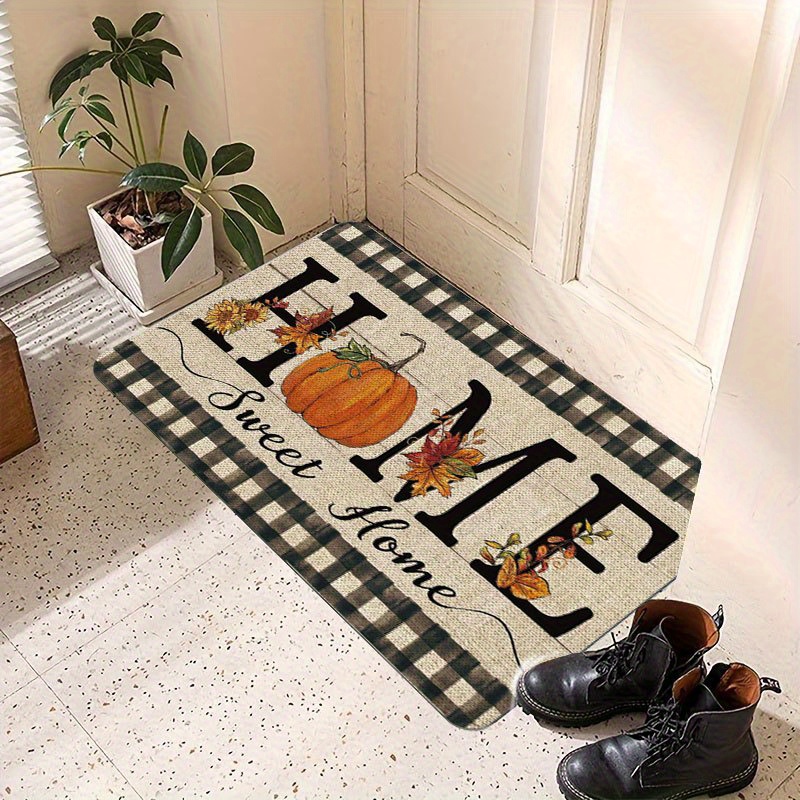 TEMU 1pc Rustic Farmhouse Autumn Pumpkin Welcome Mat With Fall Leaves & Sunflower Mat - Soft Non-slip Flannel Indoor/ Seasonal For Thanksgiving, For