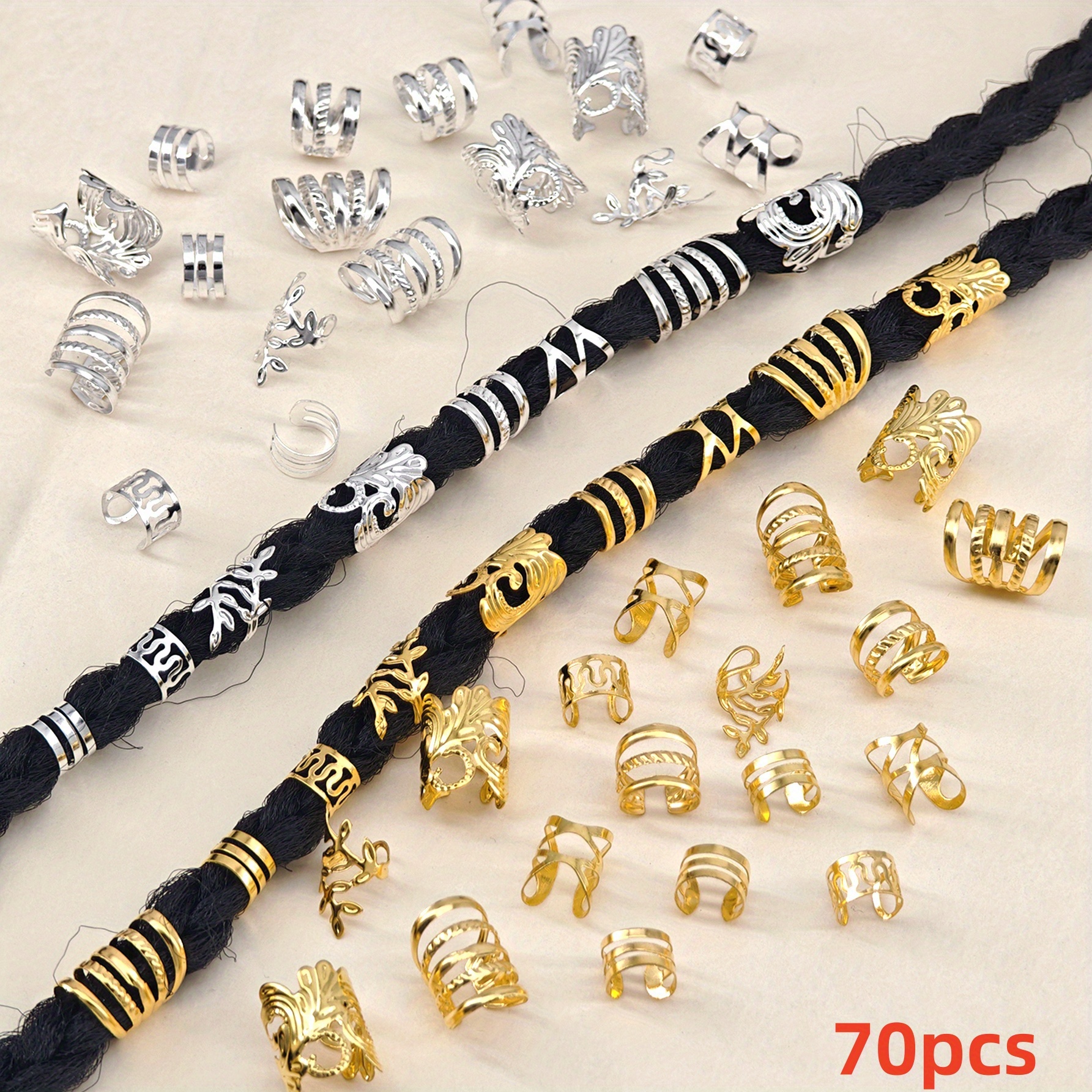 70pcs Hair Beads Hair Cuffs Braiding Hair Rings Hair Charms For Loc Braids Hair Adjustable Metal Braid Hair Jewelry Hair Accessories