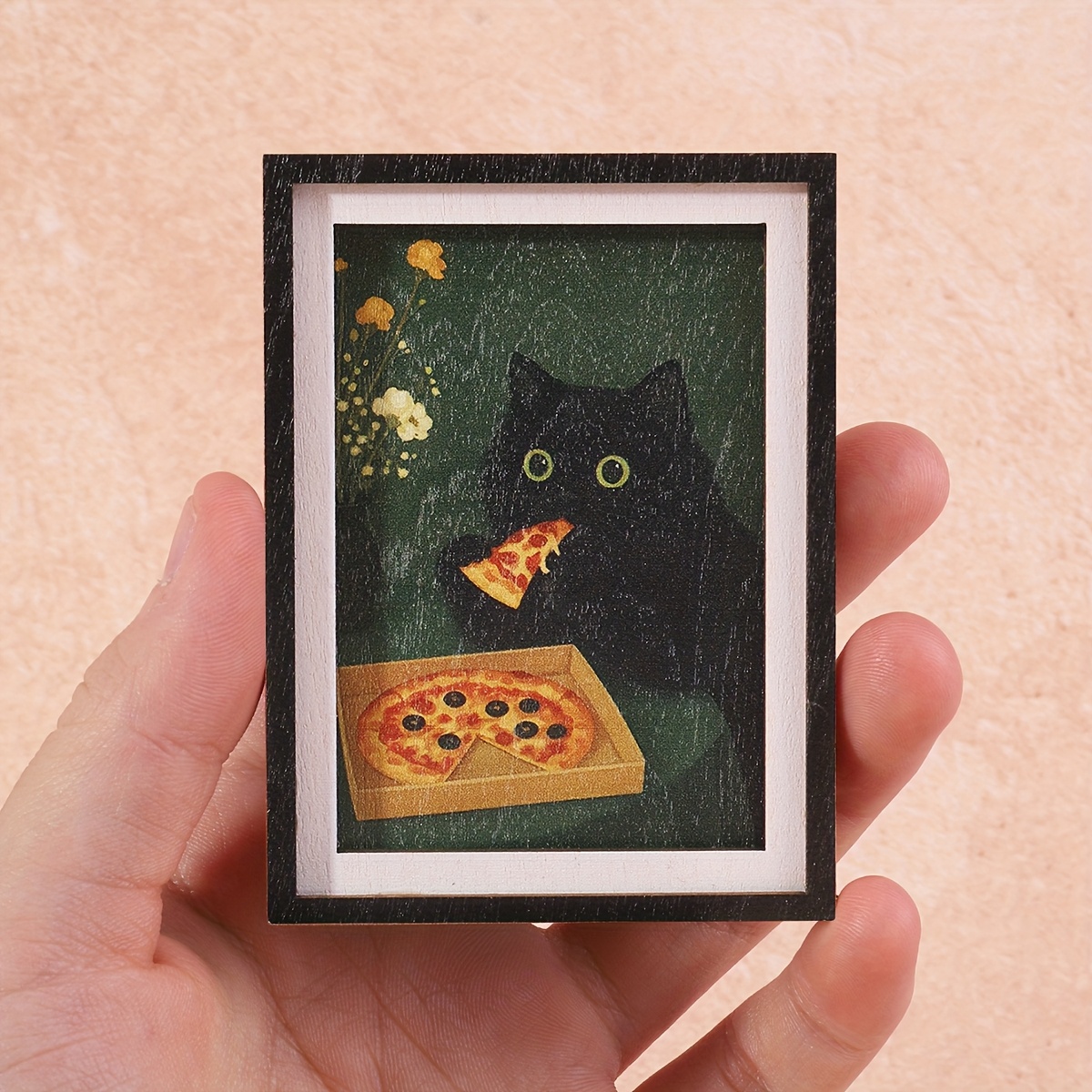TEMU 1pc Mini Size Photo Frame Refrigerator Magnet, Fun Home Decoration Prop, Printed With Black Cat And Pizza Patterns, Unique And Exquisite Holiday