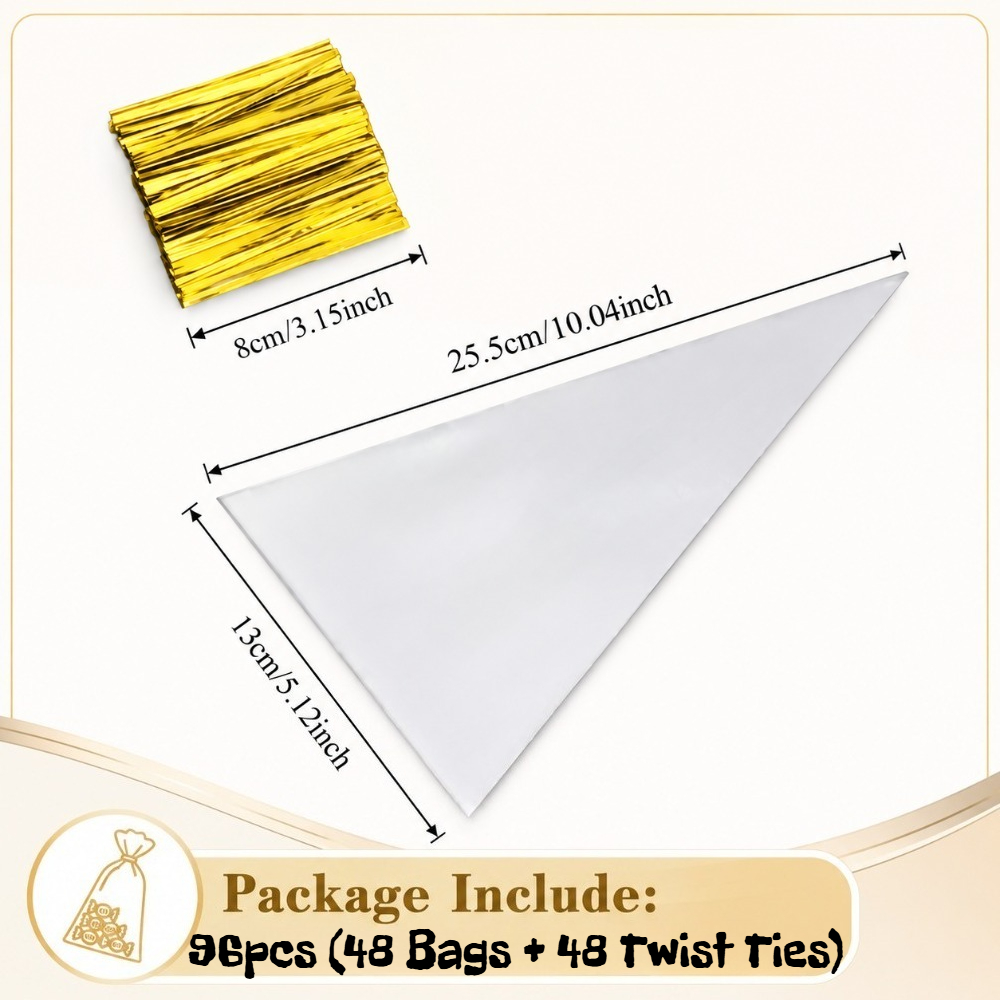 TEMU Cadeau voor Haar/Hem 96 stuks (48 Zakjes + 48 Draaitjes) Doorzichtige Kegelvormige Zakjes met Gouden Draaitjes, Voedselveilige Verpakkingszakjes